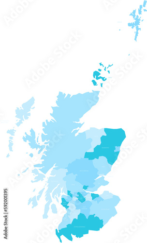 Council areas of Scotland. Blue vector map with labels.