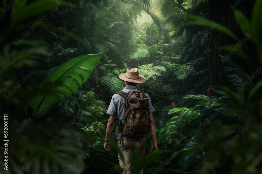 Backpacker walking through the rainforest. Generative AI