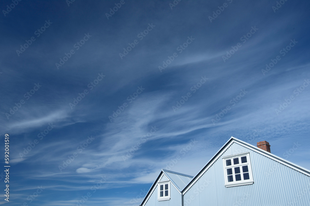 Architectural detail of houses with peaked rooflines on Flatey Island, the largest island of the western islands, located in Breidafjordur on the northwestern part of Iceland; Iceland Architectural detail of houses with peaked rooflines on Flatey Island, the largest island of the western islands, located in Breidafjordur on the northwestern part of Iceland; Iceland