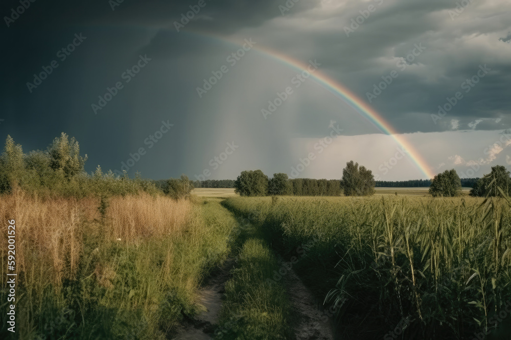 Rainbow over stormy sky. Rural landscape with rainbow over dark stormy sky in a countryside at summer day. created with Generative AI technology Rainbow over stormy sky. Rural landscape with rainbow over dark stormy sky in a countryside at summer day. created with Generative AI technology
