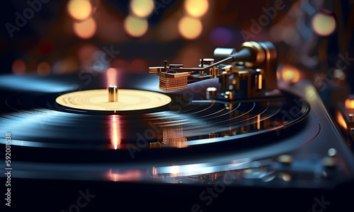 Vinyl record player, bright lights disco-bokeh. Needle on vinyl record.Vintage record player while recording, the record spins and music plays. Gramophone close-up