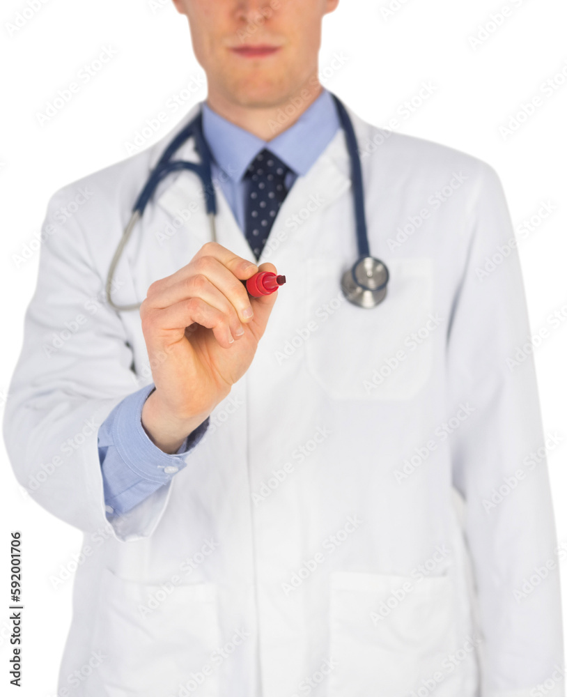 Serious doctor writing with marker on white background Serious doctor writing with marker on white background