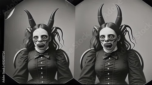 Timelapse of Two Victorian Sisters Undergoing a Demonic Transformation. Looping. Nineteenth Century Tintype Photography Style. Animated Background / Wallpaper. VJ / Streamer Backdrop. Seamless Loop. photo