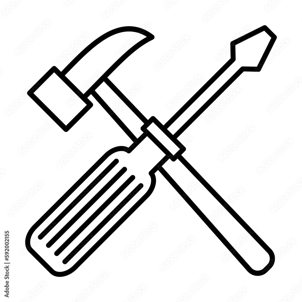 hammer and screwdriver outline icon illustration on transparent