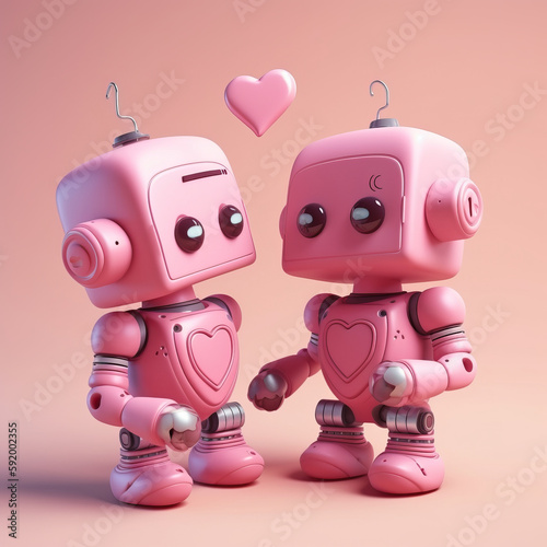 Two cute pink retro robots with a heart on a light background. Generative AI