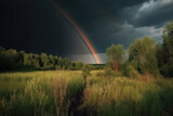 Rainbow over stormy sky. Rural landscape with rainbow over dark stormy sky in a countryside at summer day. created with Generative AI technology