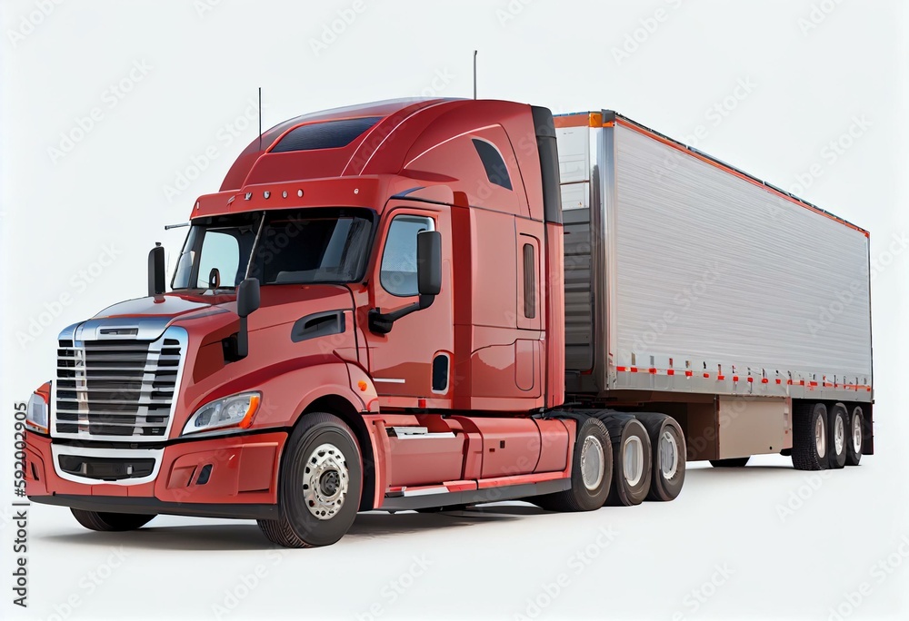 Logistics concept. American red Freightliner cargo truck with container