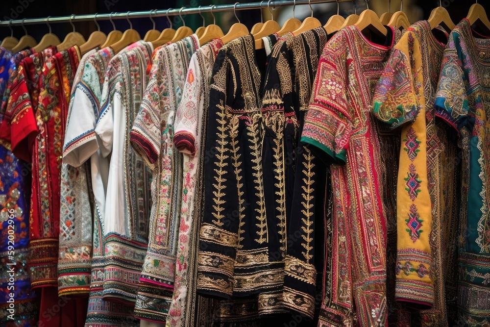 Different types of traditional clothing from different cultures hanging in a clothing shop.
