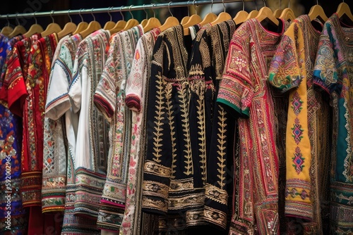 Different types of traditional clothing from different cultures hanging in a clothing shop. 