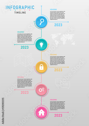 5 year time line vertical infographic, circle with center icon and multi colored circle lines. gray gradient background Design for business, marketing, finance, investment, product, project, planning.
