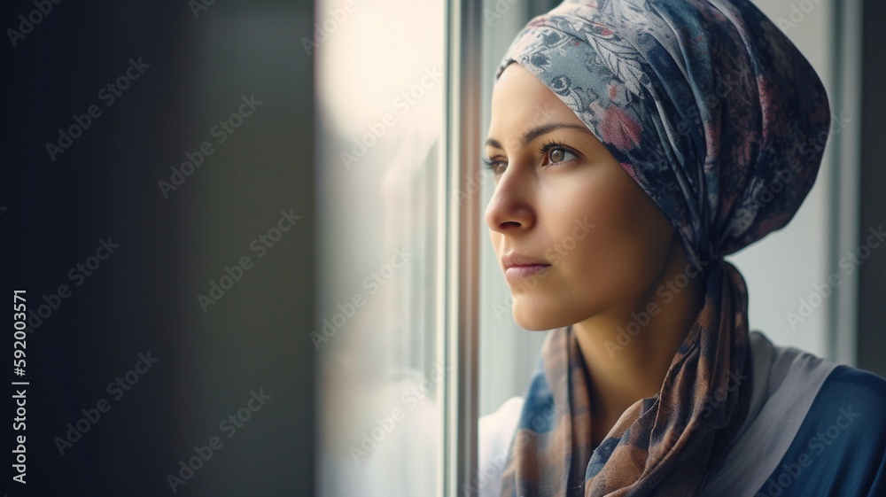 After treatment, a cancer patient woman wears a head scarf, hospital, Generative AI - obrazy, fototapety, plakaty 