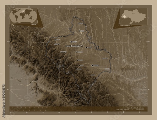 Ivano-Frankivs'k, Ukraine. Sepia. Labelled points of cities photo