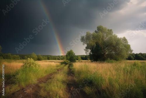 Rainbow over stormy sky. Rural landscape with rainbow over dark stormy sky in a countryside at summer day. created with Generative AI technology