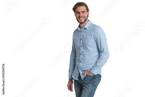 Portrait of a smart young man standing against transparent background