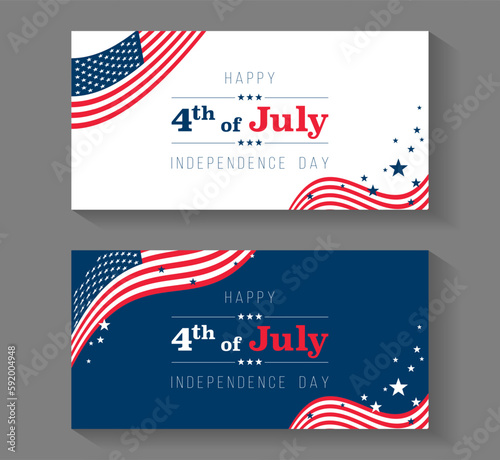 Happy 4th of July Independence day banners couple, stars and flags. American flag ribbon corner border vector illustration for USA Independence Day 4th of July holiday sale banners celebration posters