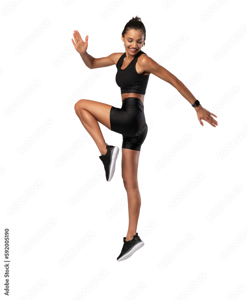 Fitness woman doing cardio interval training. Side view of athletic female model jumping on transparent background, warm-up before workout and jogging.