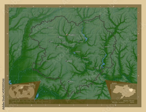 Kharkiv, Ukraine. Physical. Labelled points of cities photo
