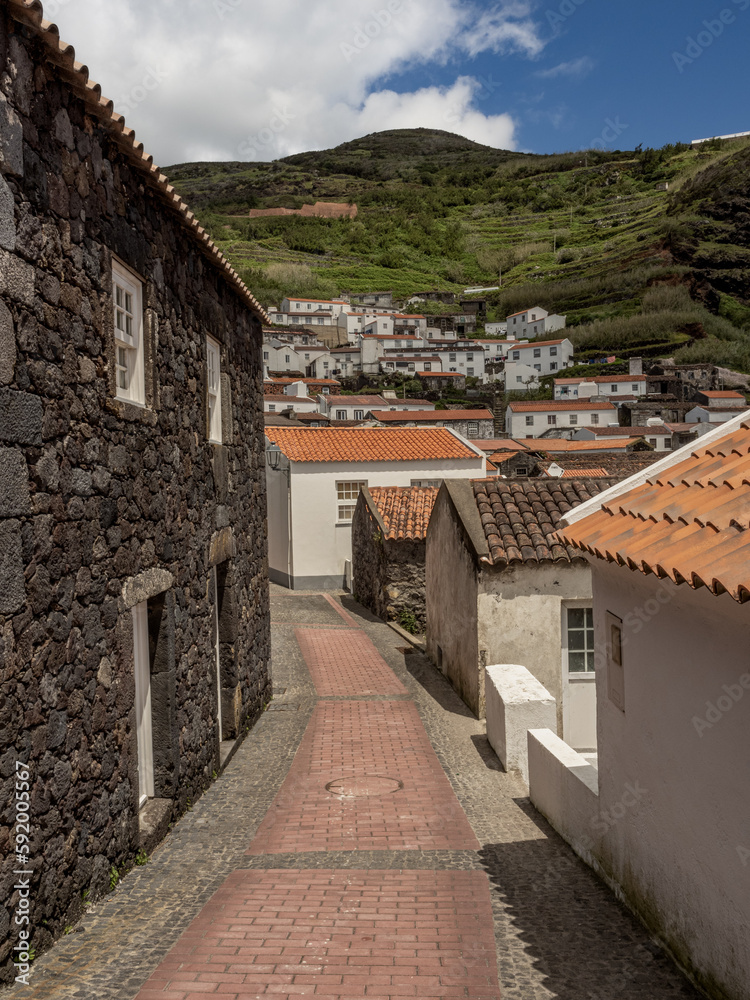 Narrow street in the beautiful Vila do Corvo, lined with traditional houses. In the background, the houses climb the green slope.
Corvo Island, Portugal.