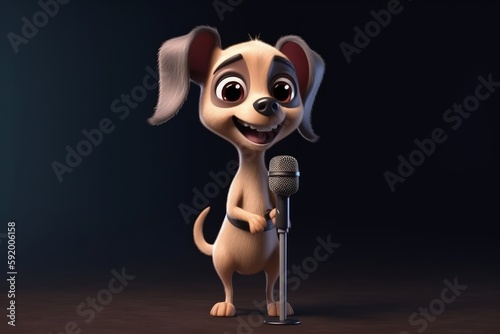 Cute Cartoon Dog With Very Big Eyes Singing Stage. Generative AI