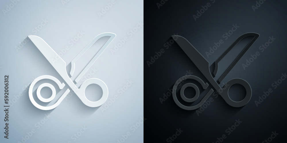Paper cut Scissors icon isolated on grey and black background. Cutting tool sign. Paper art style. Vector Paper cut Scissors icon isolated on grey and black background. Cutting tool sign. Paper art style. Vector