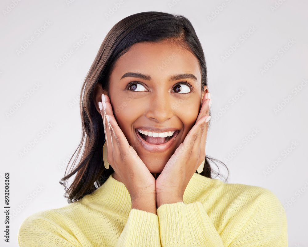 Portrait, smile and woman excited, surprise and cheerful girl isolated on a white studio background. Face, female model and person with facial expression, omg and wow with joy, cheerful and winning Portrait, smile and woman excited, surprise and cheerful girl isolated on a white studio background. Face, female model and person with facial expression, omg and wow with joy, cheerful and winning
