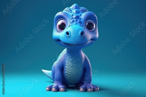 Cute Cartoon Dinosaur With Very Big Eyes Blue Gradient Background. Generative AI