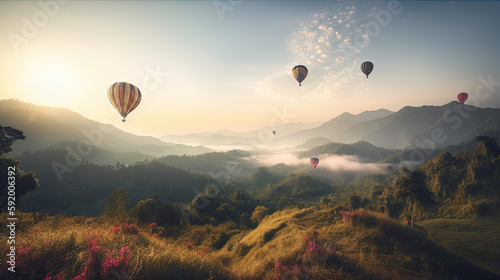 A Majestic Mountain Adventure  Colorful Hot Air Balloons Soaring Through the Sky Created Using Generative Ai