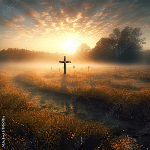 The Beauty of a New Day, Captivating Sunrise Over the Cross Created Using Generative Ai