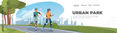 Couple rollerblading in city park. Concept cityscape background for landing page and banner design. 