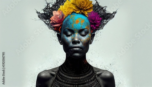 A beautiful face portrait of an african american woman with a fashionable look with flowers in her hair a colorful picture