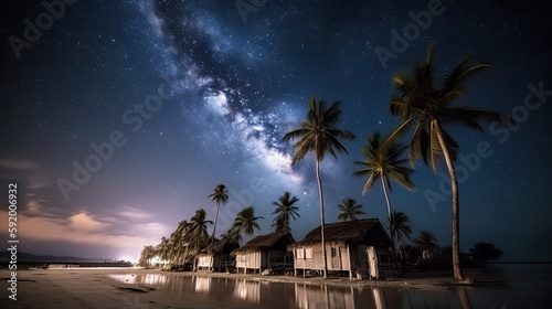 Seawater Glows as Milky Way Shines on Woody House and Coconut Trees Created Using Generative Ai