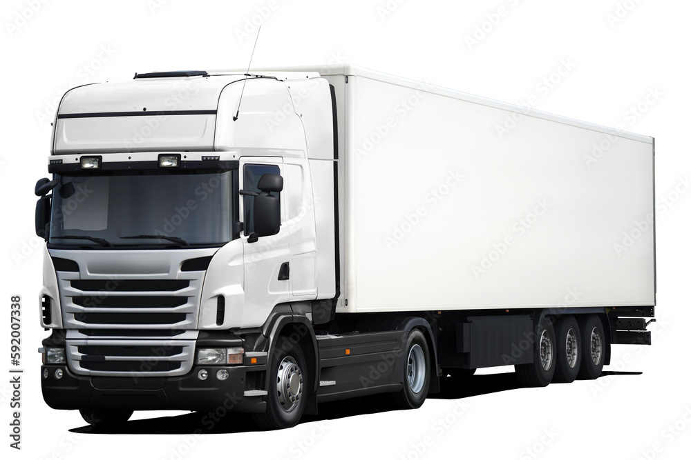A modern European truck with a white cab, black plastic bumper and a full white semi-trailer. Front side view isolated on white background. A modern European truck with a white cab, black plastic bumper and a full white semi-trailer. Front side view isolated on white background.