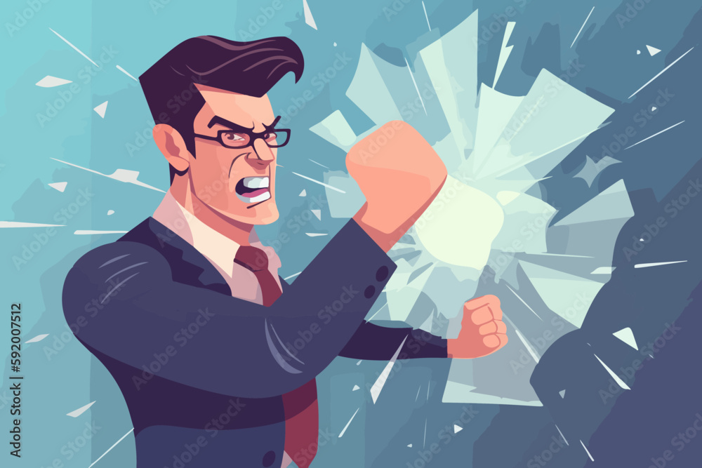 Irate man shatters glass with his fist. Enraged male worker smashes