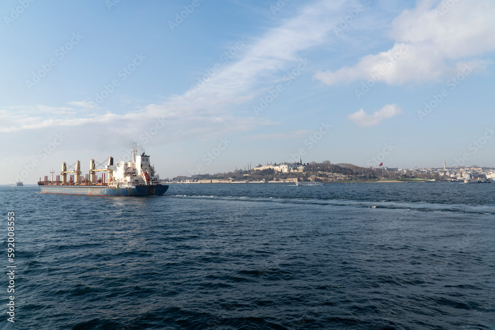 Dry cargo ship in Bosporus Strait, Istanbul, Turkey