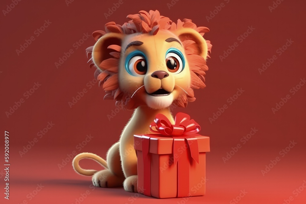 Cute Cartoon Lion With Very Big Eyes With A Big Gift Box. Generative AI