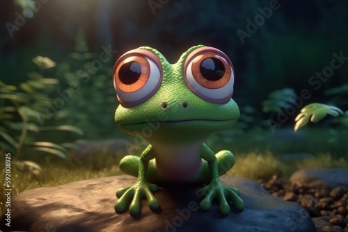 Cute Cartoon Frog With Very Big Eyes And Pitying Gaze A Forest With A Glowing Lake. Generative AI