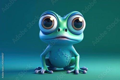 Cute Cartoon Frog With Very Big Eyes Blue Gradient Background. Generative AI