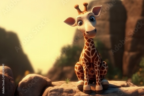 Cute Cartoon Giraffe With Very Big Eyes And A Pitying Look Against A Rock Ledge With A Magnificent View. Generative AI © Ян Заболотний