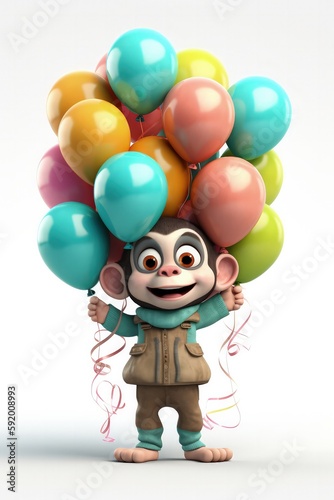 Cute Cartoon Monkey With Very Big Eyes Holding Gel Colored Balloons. Generative AI