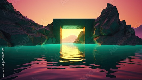 Surreal rock portal in the ocean at twilight. Generative AI