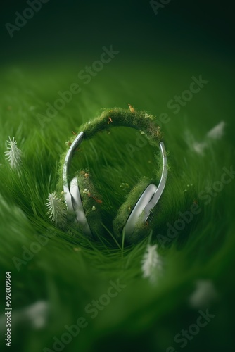 Headphones with green leaves on a green background. Music concept. generative ai photo