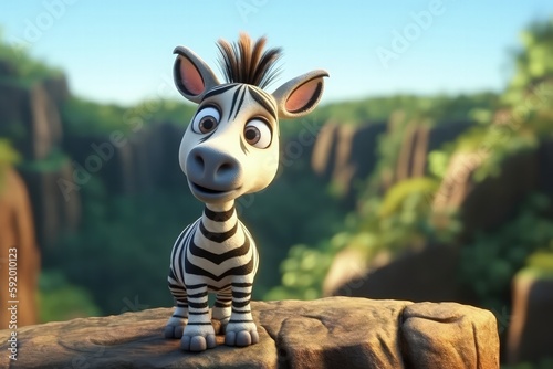 Cute Cartoon Zebra With Very Big Eyes And A Pitying Look Against A Rock Ledge With A Magnificent View. Generative AI © Ян Заболотний