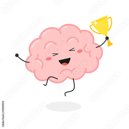 Happy cartoon brain character with winner cup