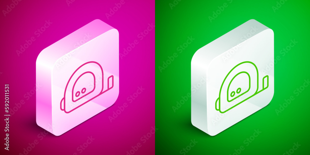 Isometric line Roulette construction icon isolated on pink and green background. Tape measure symbol. Silver square button. Vector Isometric line Roulette construction icon isolated on pink and green background. Tape measure symbol. Silver square button. Vector
