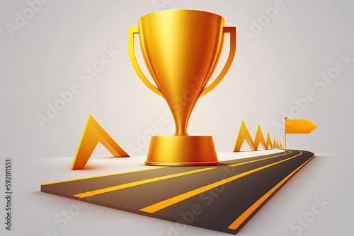 golden trophy placed on a road in a scenic environment. Generative AI