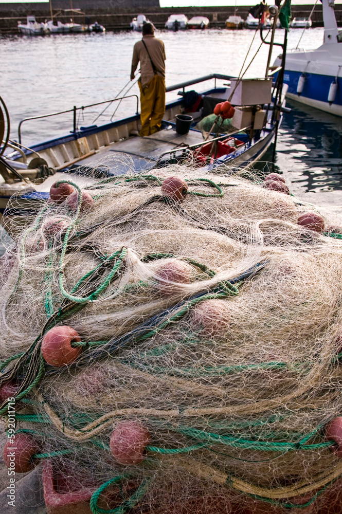 Fishing nets on a boat in Collioure harbour; Collioure, Pyrenees Orientales, France Fishing nets on a boat in Collioure harbour; Collioure, Pyrenees Orientales, France