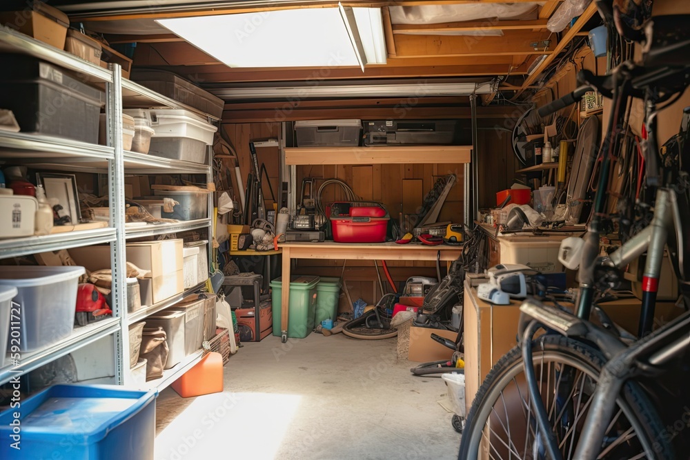 Home Storage Room in Denver, CO: Cluttered Garage with Shelves. Photo generative AI