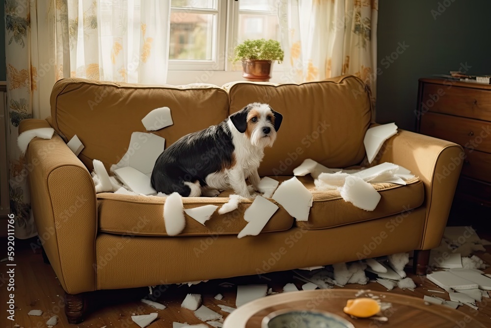 Man's Best Friend: Dog Ruins Sofa. Photo generative AI