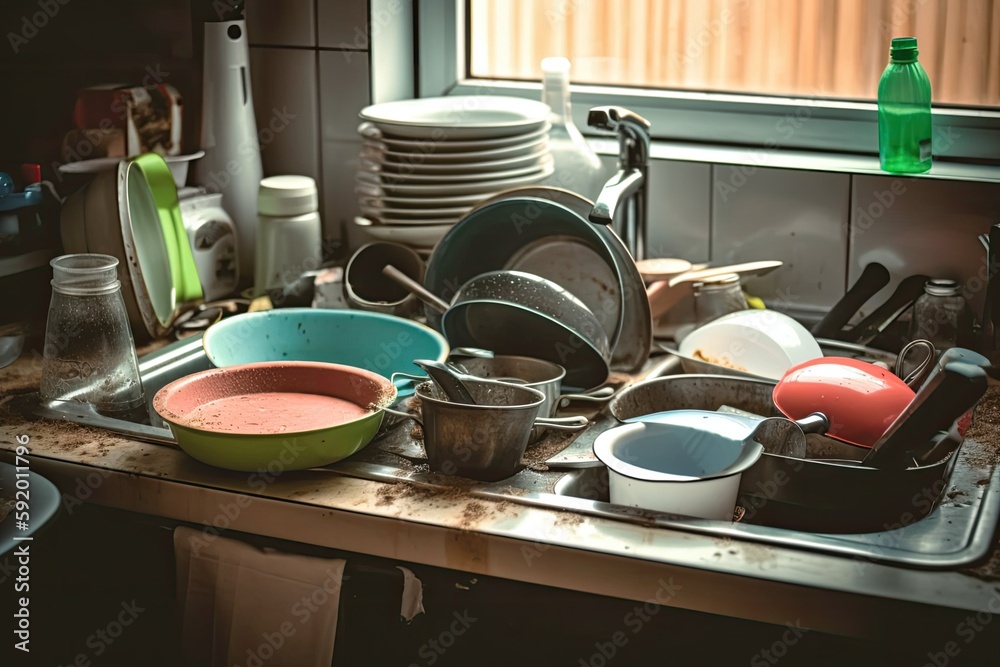 Dirty Dishes in Sink. Photo generative AI Dirty Dishes in Sink. Photo generative AI
