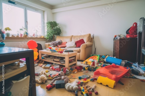 Messy Living Room - Kids' Toys Everywhere. Photo generative AI